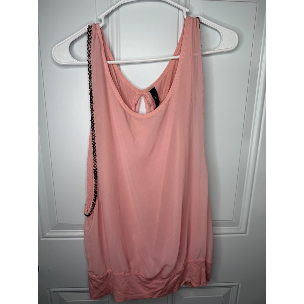 Peach Beaded Trim Chiffon Overlay Sleeveless Blouse Keyhole Back Top L